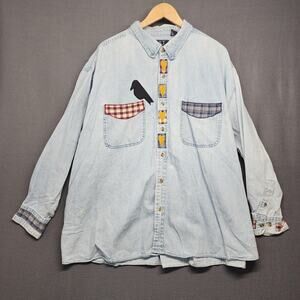 Vintage Women Denim Shirt 3X Patchwork Applique Chambray Country Cottage Folk